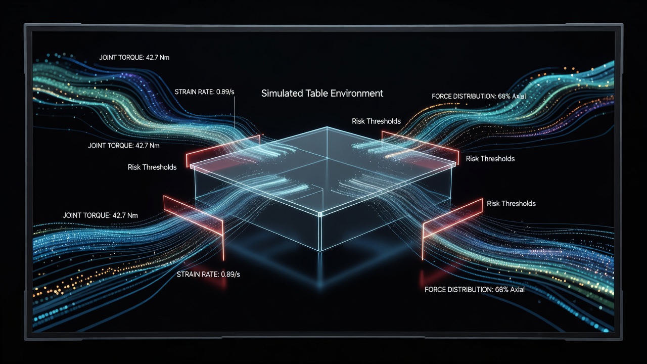 Sensors capturing biomechanical data streams at a simulated table environment with real-time risk threshold displays