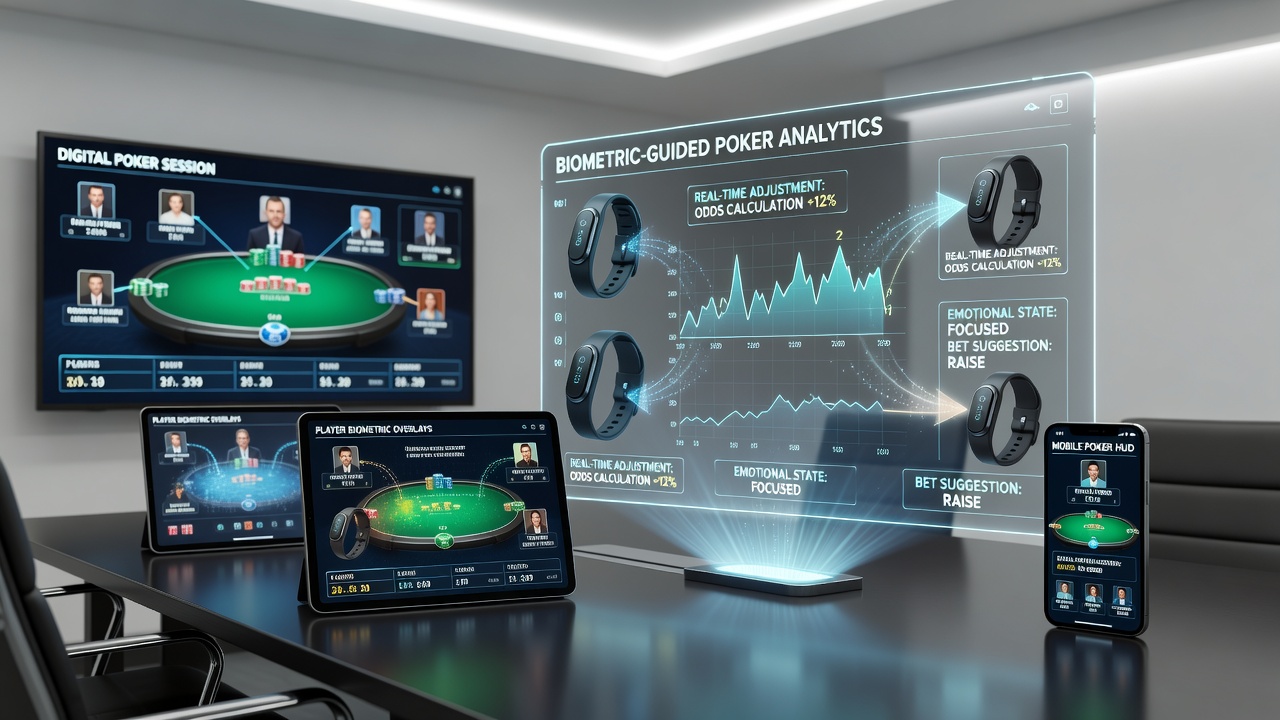 Real-time dashboard displaying biometric adjustments during a multi-device poker session