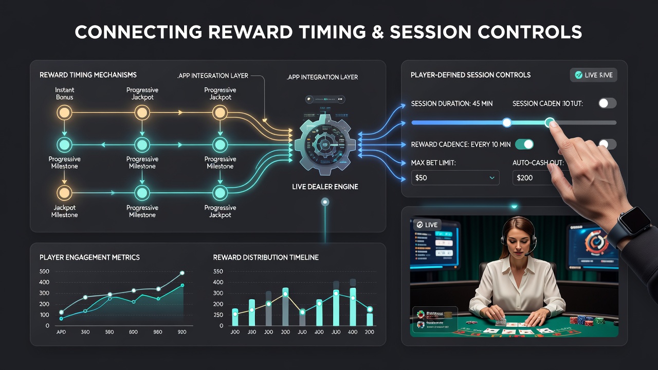 Multiple live dealer game interfaces displaying synchronized session timers and reward indicators across blackjack, roulette, and baccarat