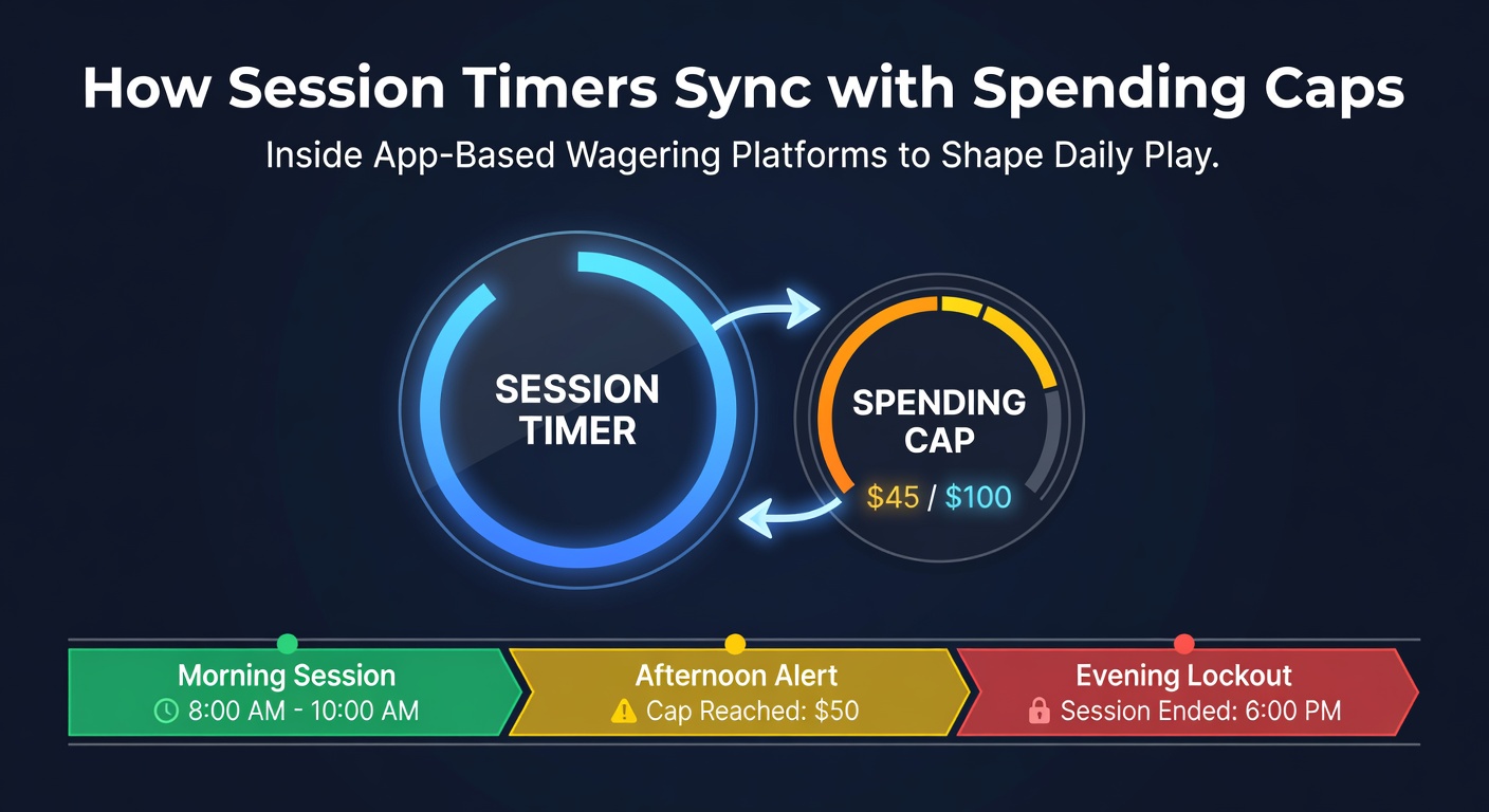 Dashboard view inside a wagering app displaying synchronized session duration and remaining daily spend allowance with warning indicators