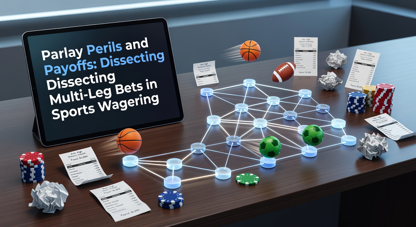 Graphic showing a multi-leg parlay bet slip with sports icons like basketballs, footballs, and exploding payout odds, highlighting the high-stakes thrill of combined wagers