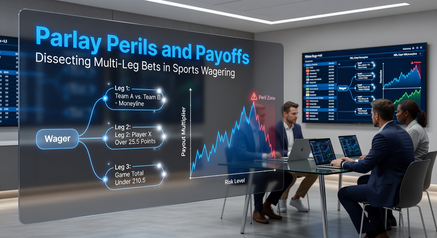 Close-up of a sports bettor analyzing a parlay slip on a mobile app during a live game, with charts showing odds fluctuations and risk warnings overlaid