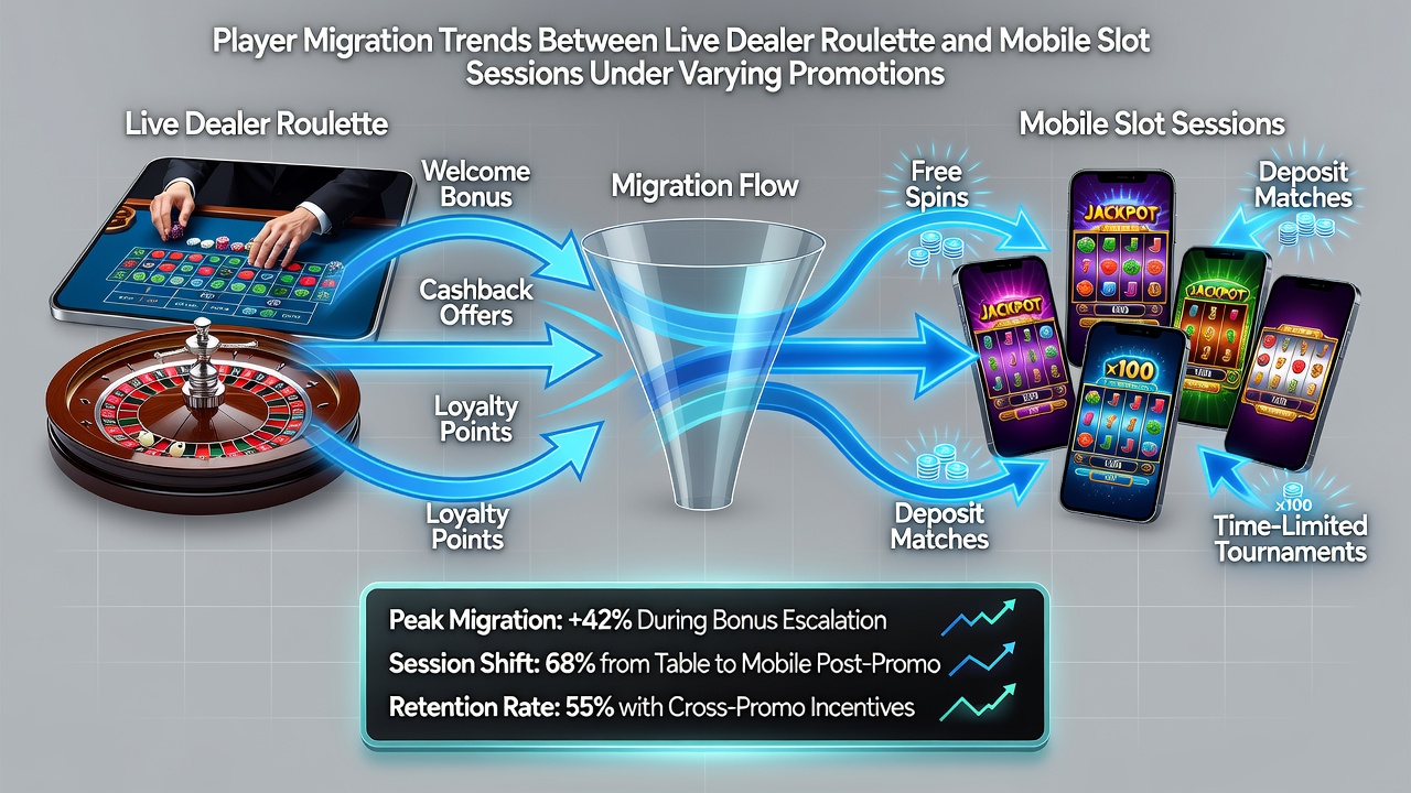 Graph depicting migration flows between roulette and slots based on promotional bonus types over six months