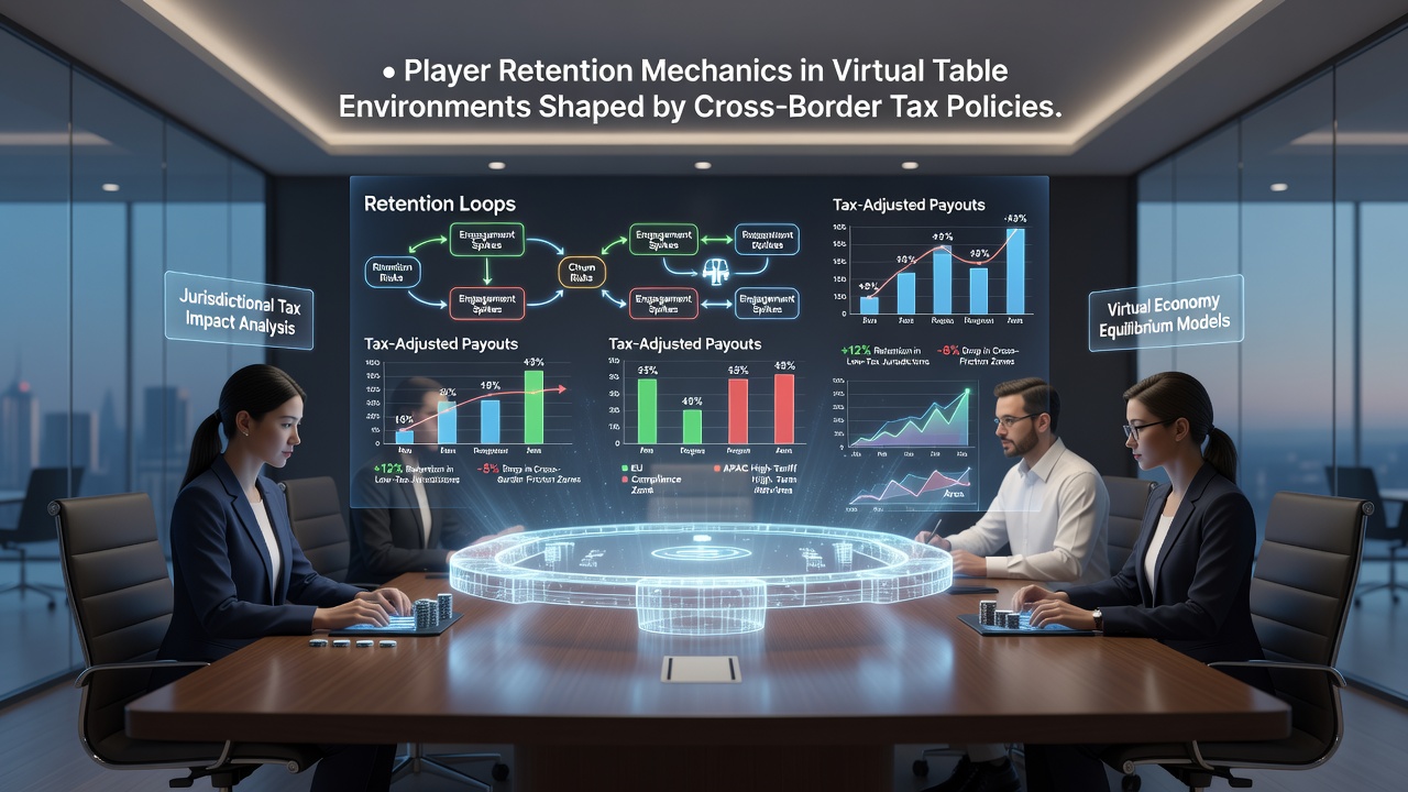Data visualization of retention metrics across international virtual table platforms with tax policy overlays