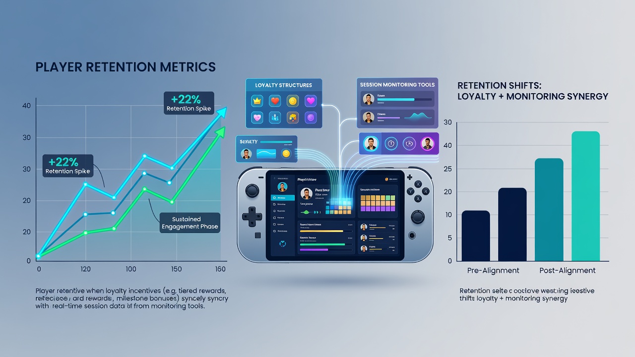 Analytics dashboard illustrating player retention curves linked to loyalty tier adjustments and session monitoring alerts