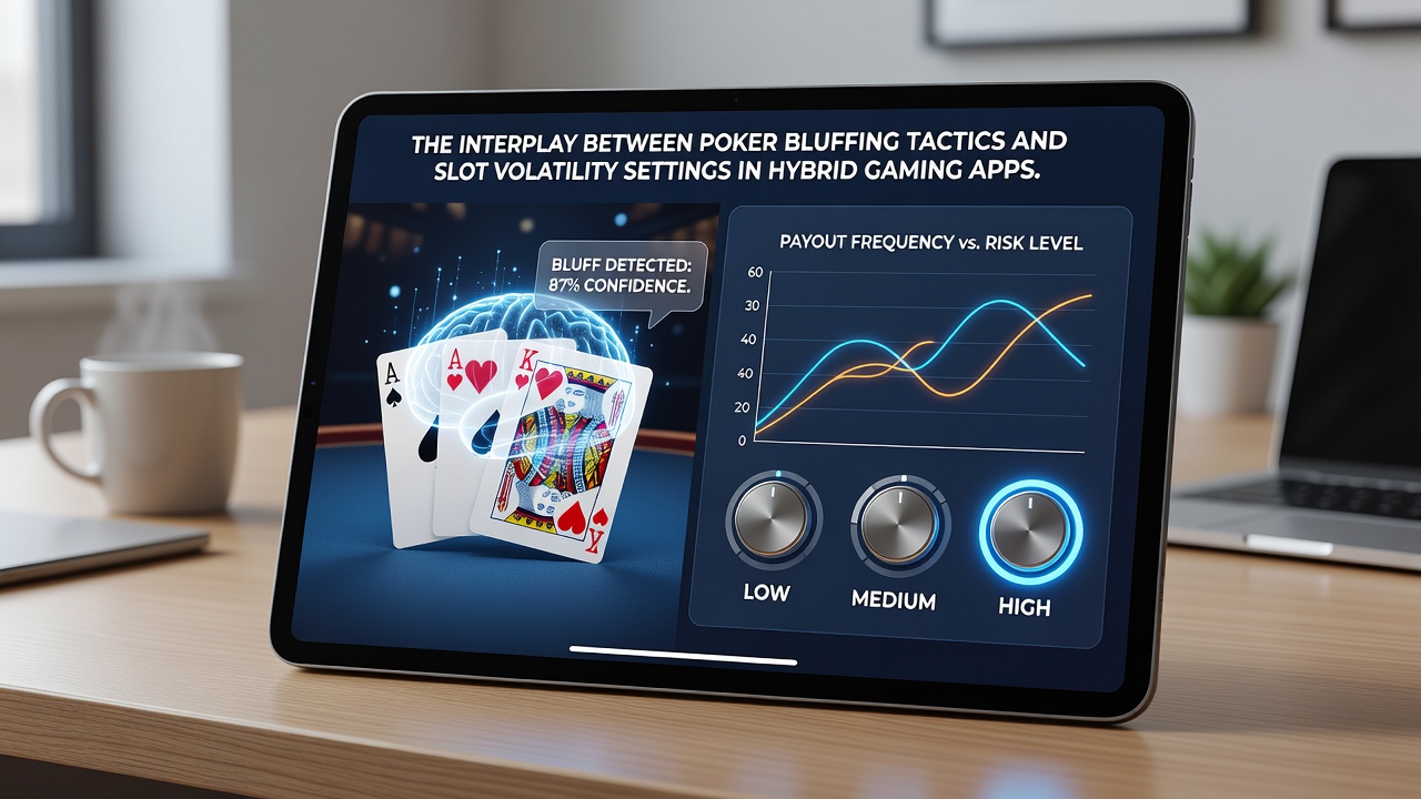 Player dashboard displaying synchronized poker bluff frequency and slot volatility meter in a hybrid app