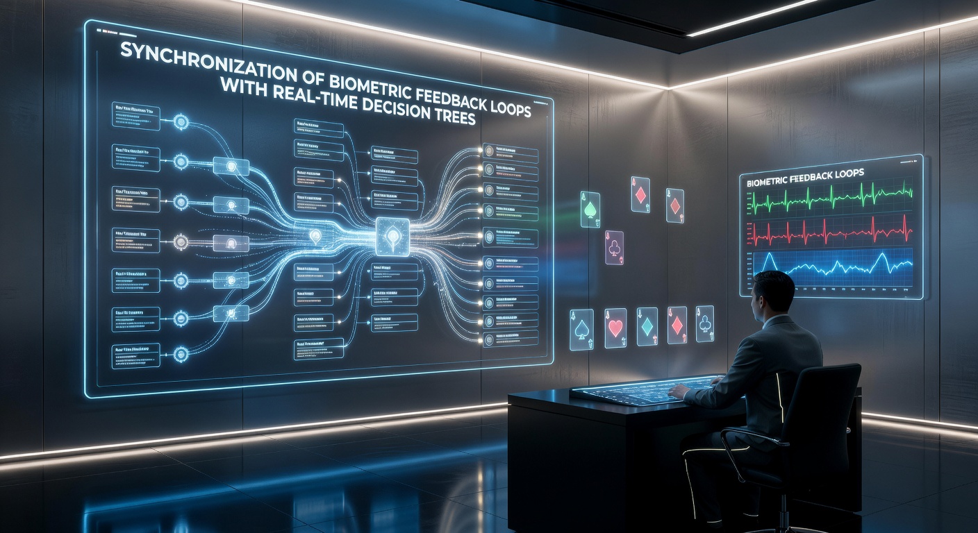 Decision tree flowchart overlaid on a live digital poker table with biometric data streams